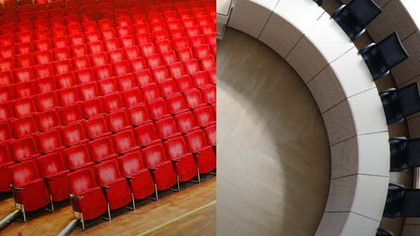 Philharmonische Debatten Ein zusammengesetztes Foto aus Sitzreihen im Konzertsaal und im Plenarsaal des Landtages
