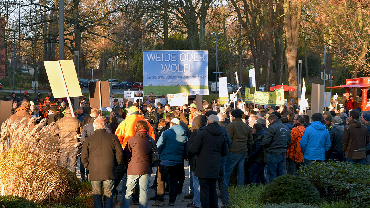 Menschen demonstrieren vor dem Landeshaus gegen den Wolf.