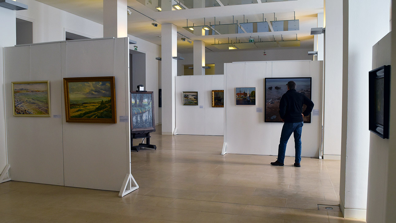 Ein Besucher betrachtet ein Bild in einer Ausstellung des Ostholstein-Museums im ersten Stock des Landeshauses.