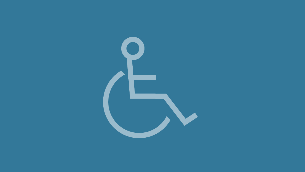 Ein Logo mit einem Rollstuhl auf blauem Hintergrund