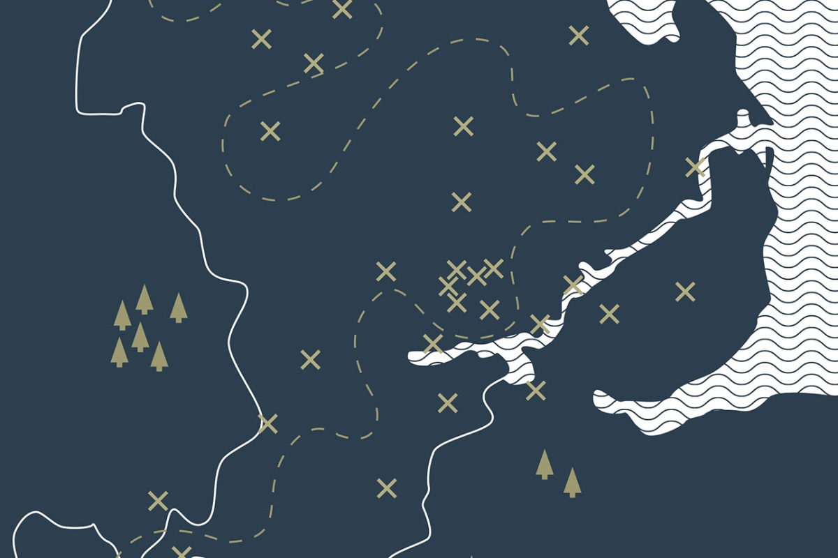 Titelgrafik zur Ausstellung "Gold der Heimat". Zu sehen ist eine stilisierte Karte vom nördlichen Teil Schleswig-Holsteins in blau mit goldenen Kreuzen als Markierung.