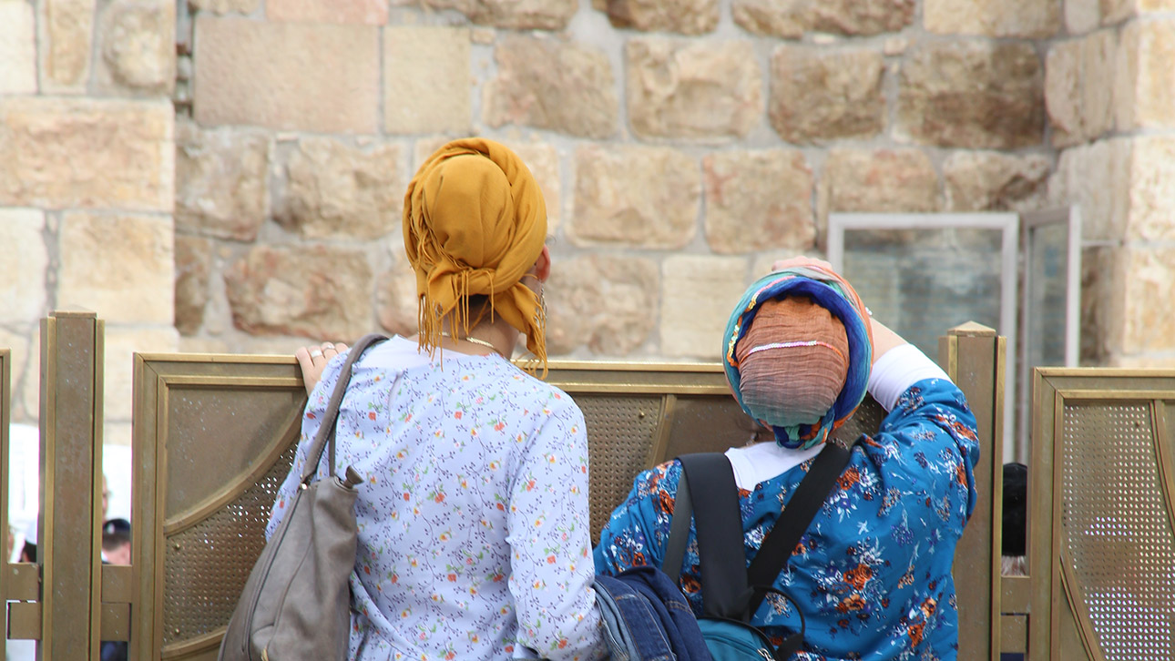 Zwei Frauen schauen über den Zaun der Begegnungsstätte Givat Haviva