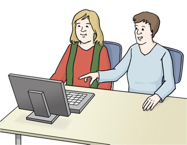 zwei am PCeiner zeigt zwei Personen am PC, eine zeigt mit dem Finger auf den Bildschirm