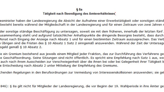 Der Paragraf 8a im Landesministergesetz zur Karenzzeit