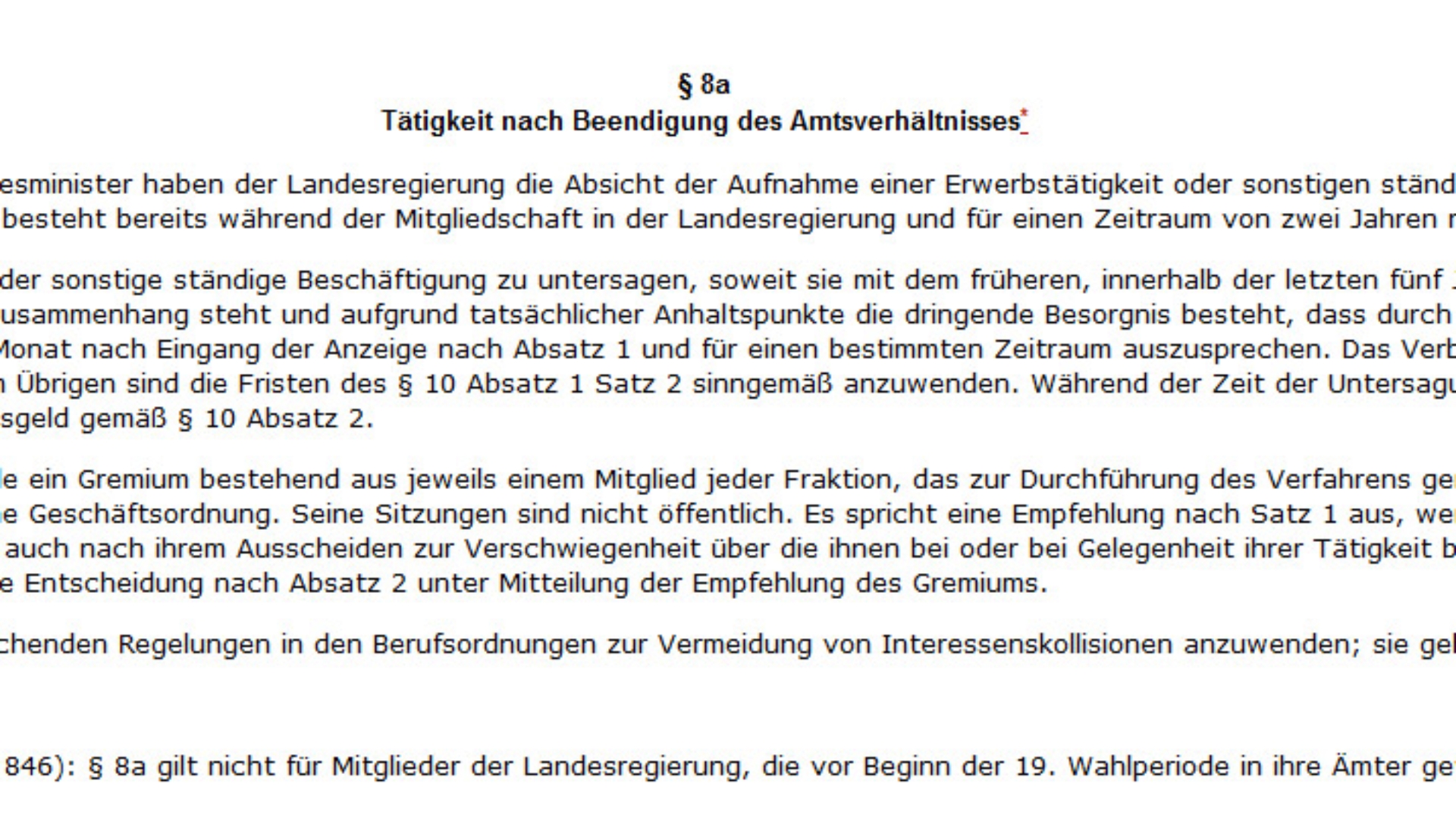 Der Paragraf 8a im Landesministergesetz zur Karenzzeit