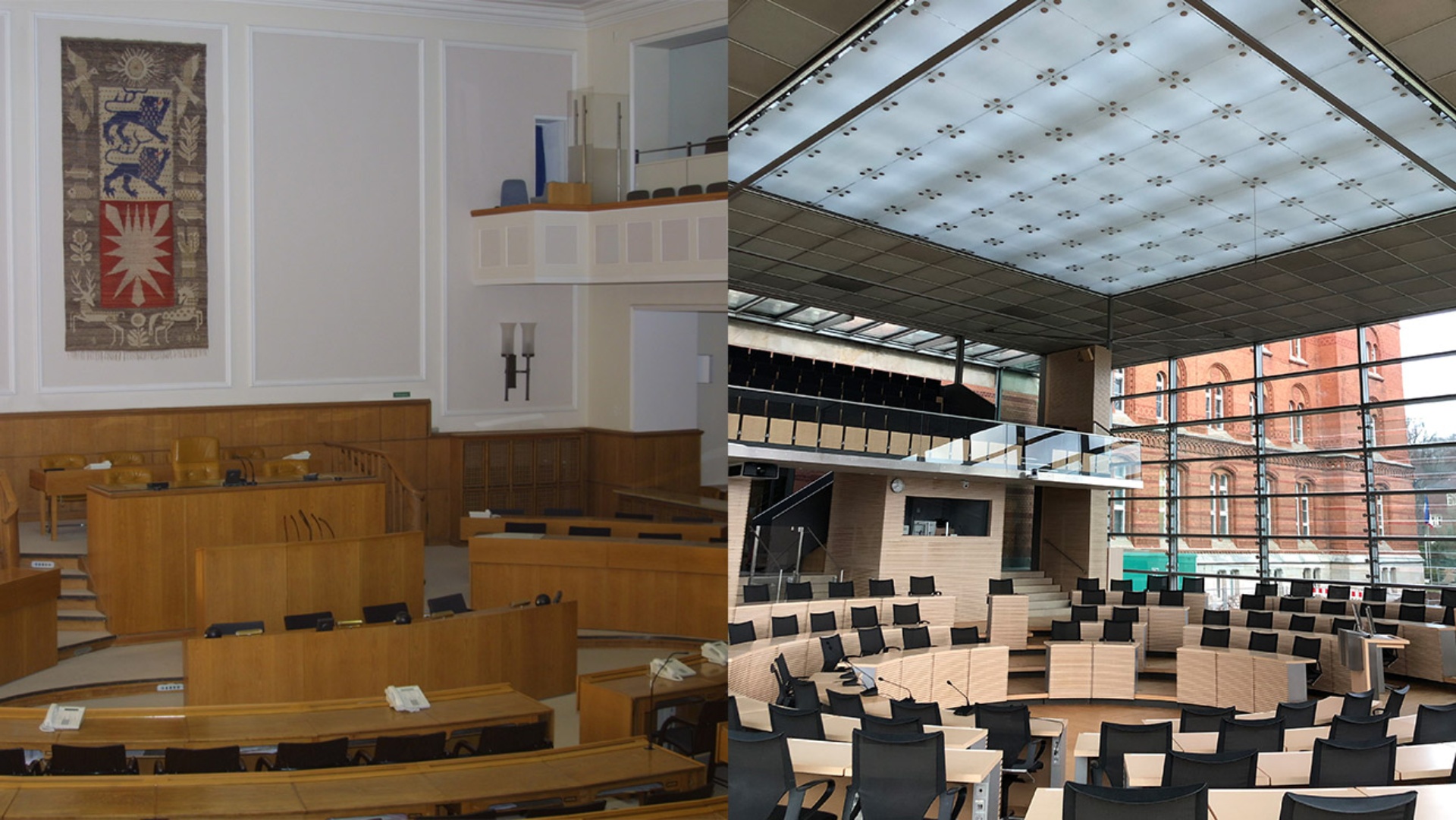 Links der alte Plenarsaal, rechts der neue