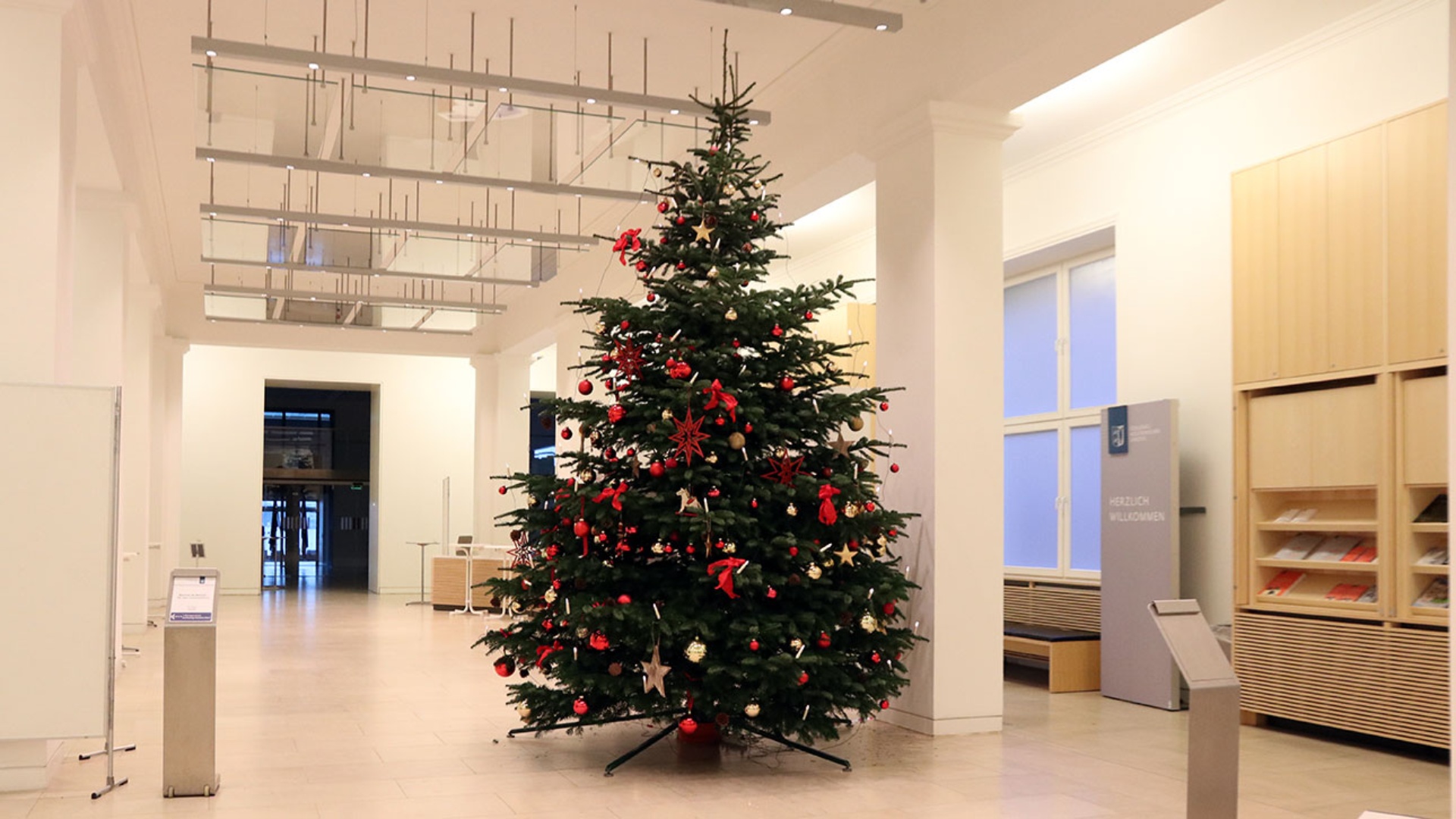 Ein geschmückter Weihnachtsbaum steht in der Eingangshalle des Landeshauses.