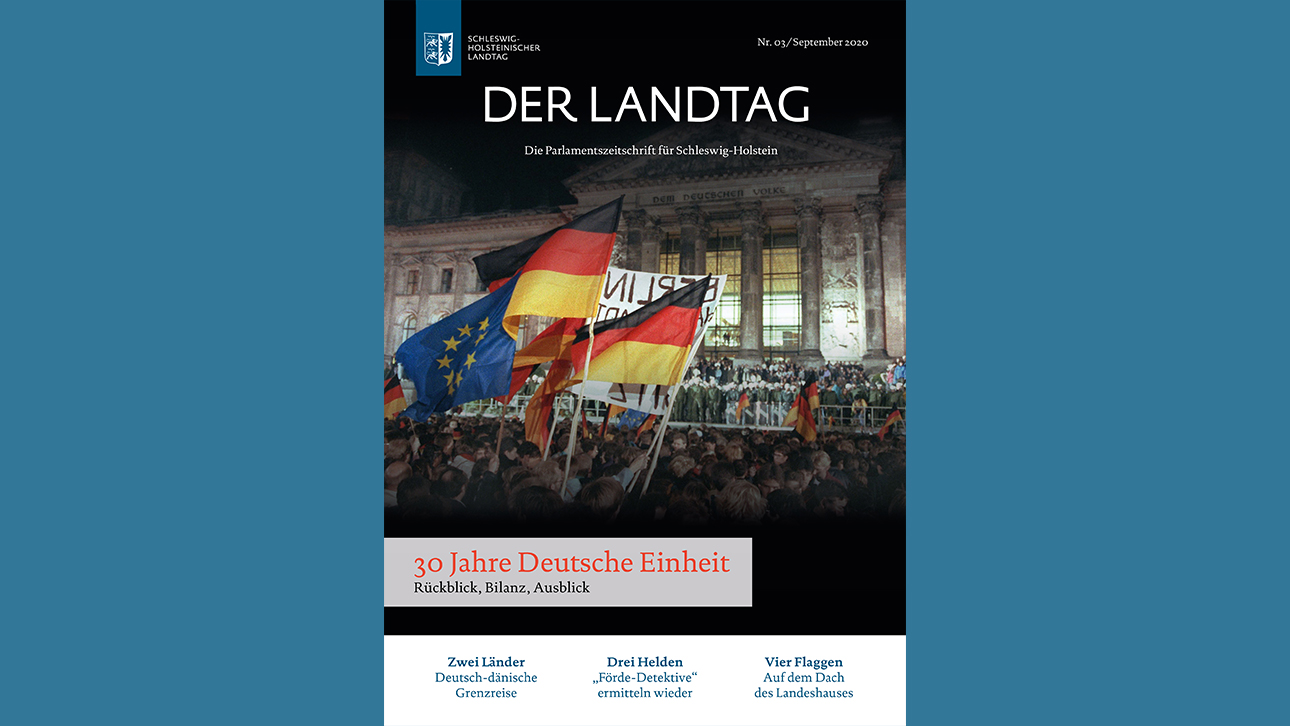 Titelbild der 3. Ausgabe der Landtagszeitschrift im Jahr 2020. Zu sehen ist ein Bild von feiernden Menschen vor dem Reichstagsgebäude in Berlin am 3. Oktober 1990.