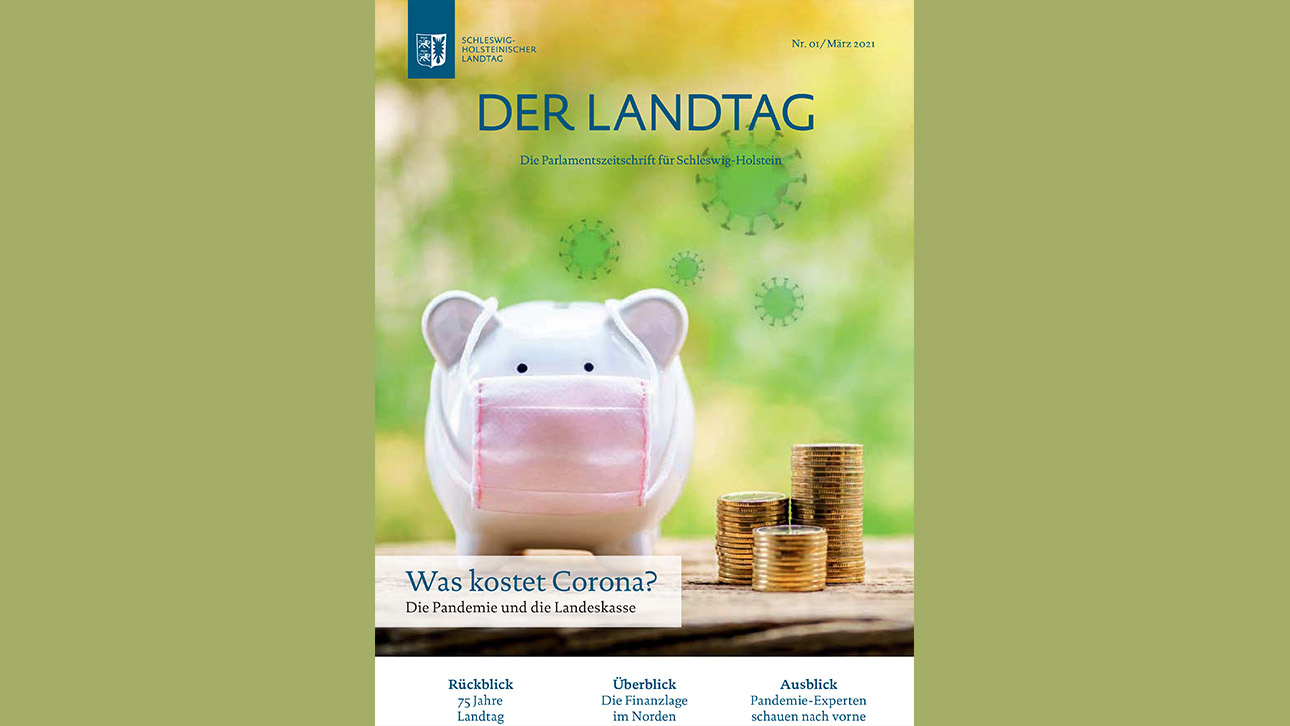 Das Titelbild der Landtagszeitschrift mit einer Illustration: Ein Sparschwein trägt rosa Maske.