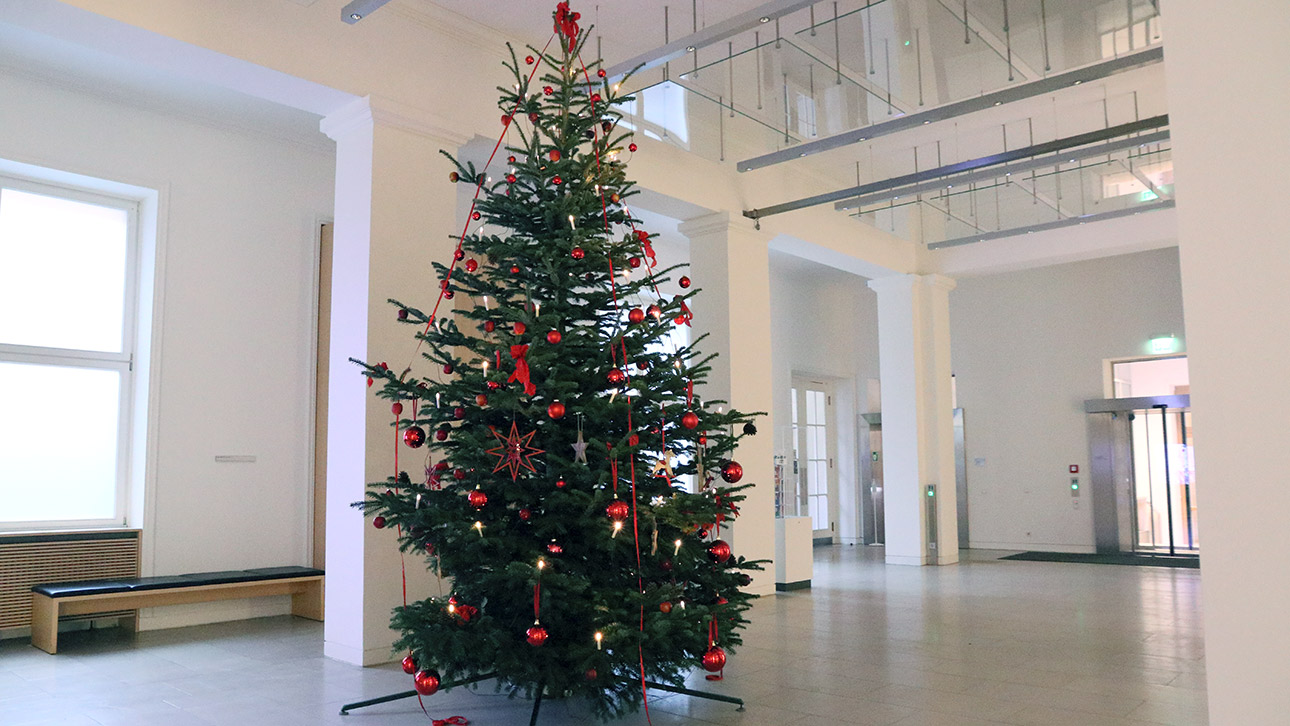 Ein geschmückter Weihnachtsbaum steht in der Eingangshalle des Landeshauses.