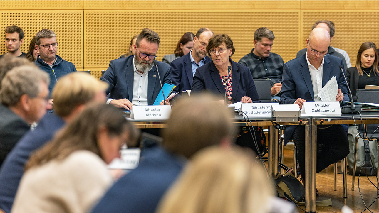 Die Minister Claus Ruhe Madsen (Wirtschaft), Sabine Sütterlin-Waack (Innen) und Tobias Goldschmidt (Grüne) sitzen im Ausschussraum des Landtages
