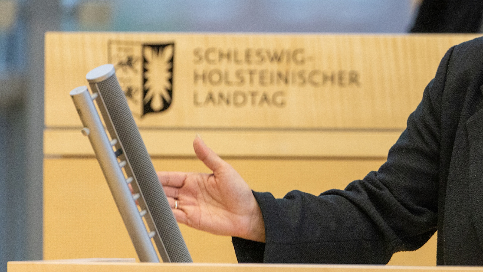 Eine Hand gestikuliert am Pult des Plenums