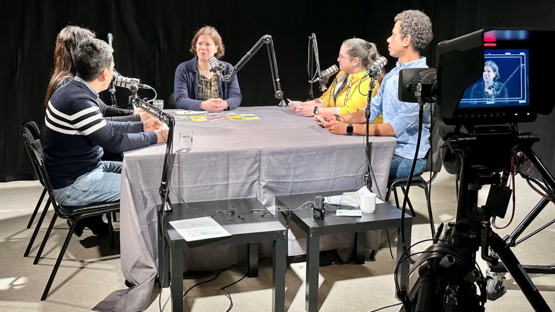 Die Mitglieder des Vereins "Wüstenblume" zeichnen einen Podcast mit Landtagspräsidentin Kristina Herbst auf. 