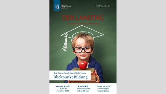 Das Titelbild der Landtagszeitung zeigt einen Jungen mit großer Brille vor einer Tafel, auf der einn Doktorhut aufgemalt ist.