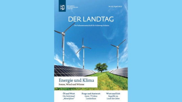 as Titelbild der Landtagszeitung zeigt Photovoltaik- und Windkraftanlagen auf einer grünen Wiese mit Baum unterstrahlend blauem Himmel.