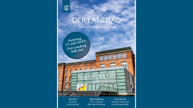 Das Titelbild der Landtagszeitung zeigt die Außenseite des Plenarsaals mit dem werbenden Schriftzug "Tag der offen Tür, 13/7/2025" und einer Pony-Karikatur. 
