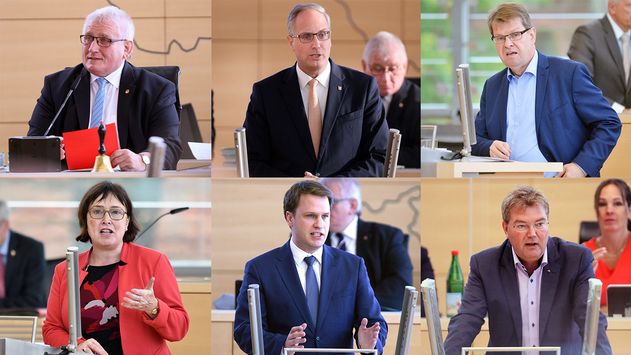 Eine Collage mit sechs Bildern, zu sehen sind: Landtagspräsident Klaus Schlie und die Fraktionsvorsitzenden Tobias Koch (CDU), Ralf Stegner (SPD), Eka von Kalben (Grüne), Christopher Vogt (FDP) und Lars Harms (SSW).