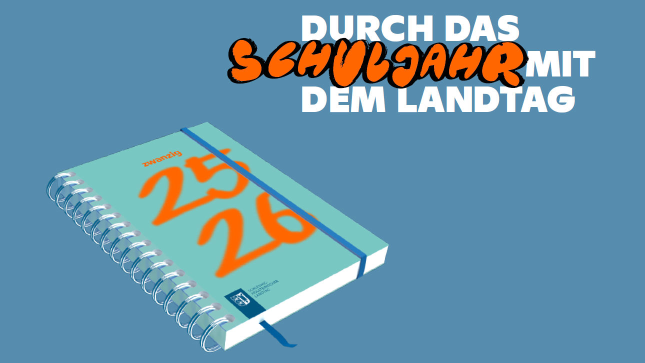 Das türkise Titelblatt des Kalenders mit der Aufschrift 25/26 sowie dem Text 