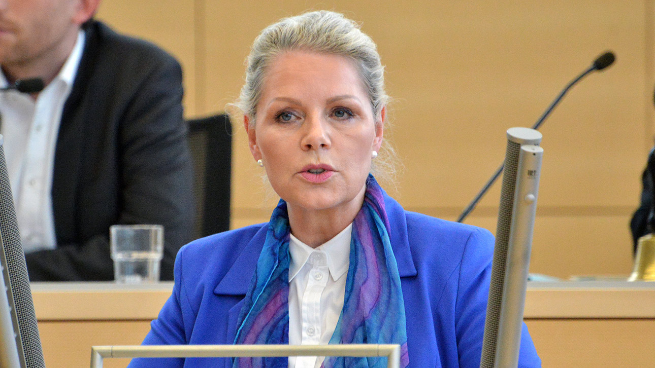 Die AfD-Politikerin Sayn-Wittgenstein hält am Mikrofon im Plenarsaal des Schleswig-Holsteinischen Landtages stehend eine Rede.
