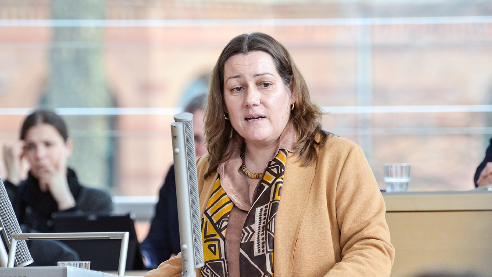 Die SPD-Abgeordnete Beate Raudies steht im Plenarsaal am Mikrofon und hält eine Rede.