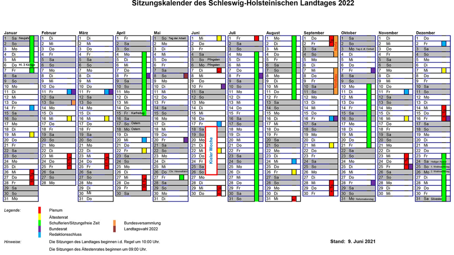 Im Jahreskalender für 2022 sind zehn Plenartagungen markiert.