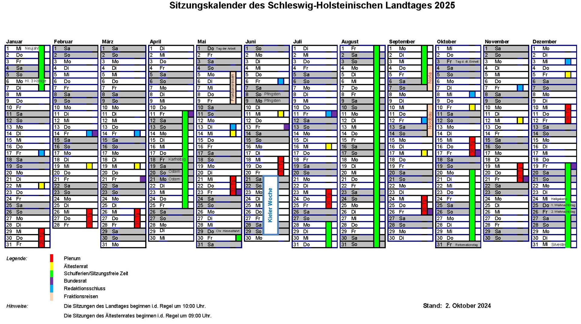Blick auf den Sitzungskalender mit einer übersicht über die zehn Plebnartagungen des Schleswig-Holsteinischen Landtages im Jahr2025 