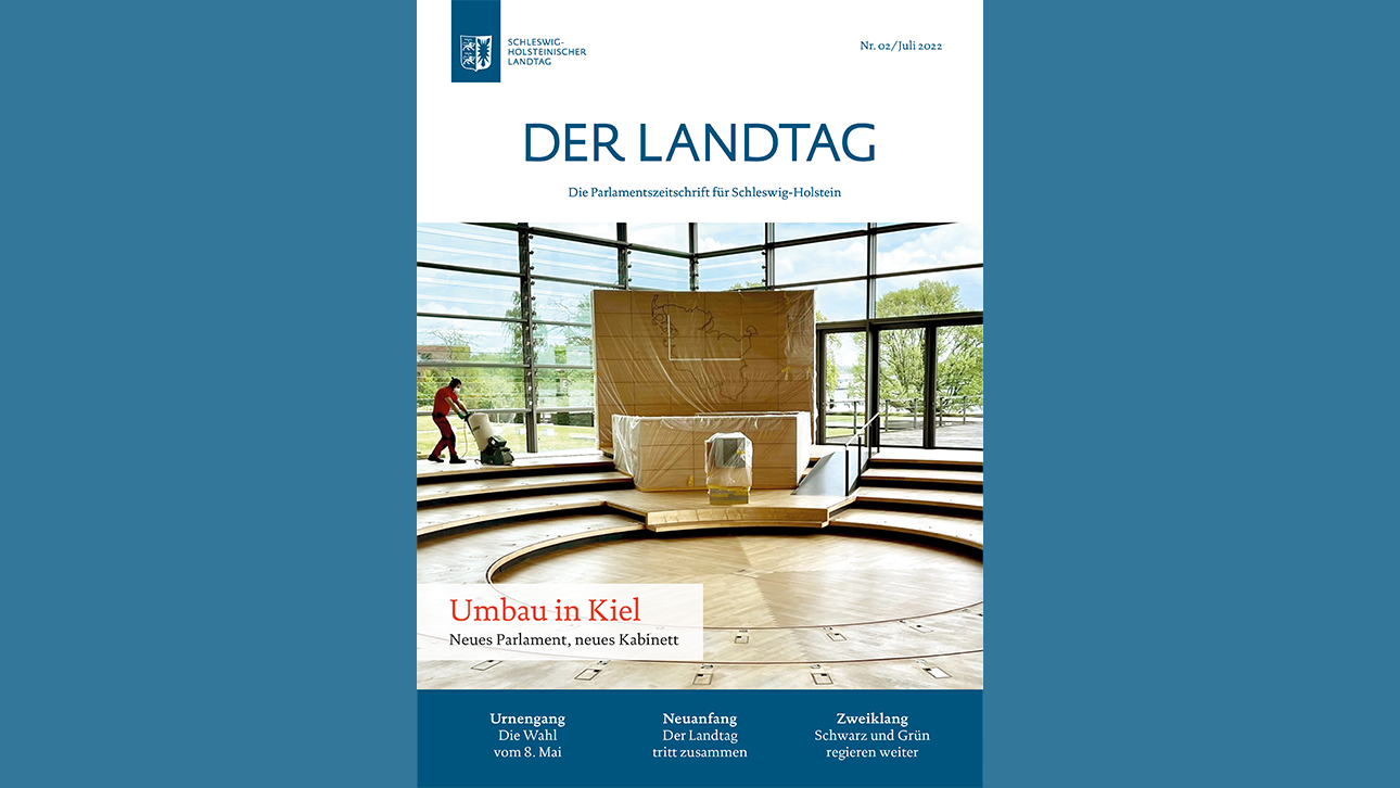 Das Titelbild der Landtagszeitung zeigt Umbau- und Renovierungsarbeiten im Plenarsaal des Schleswig-Holsteinischen Landtages.