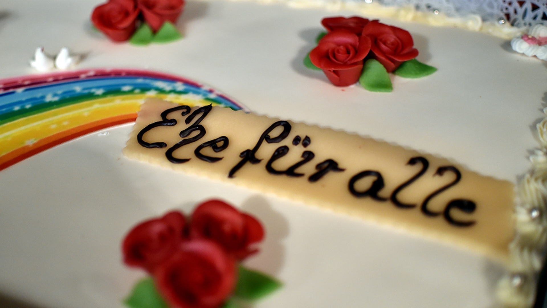 „Ehe für alle“ steht auf einer Hochzeitstorte für die erste gleichgeschlechtliche Eheschließung im Oktober 2017 in Berlin.