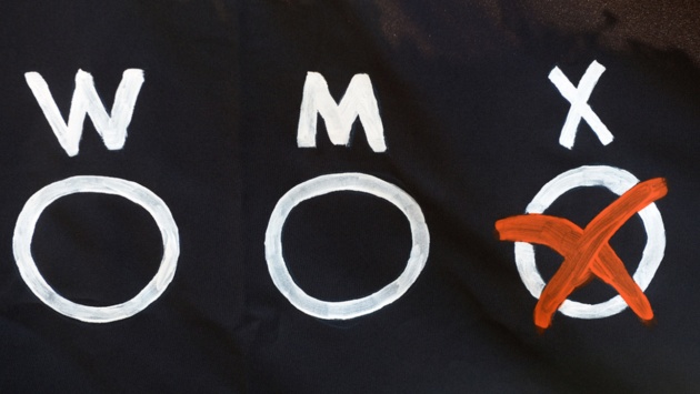 Drei Möglichkeiten für einen Geschlechtseintrag, W, M, X, sind auf einem Banner zu sehen.