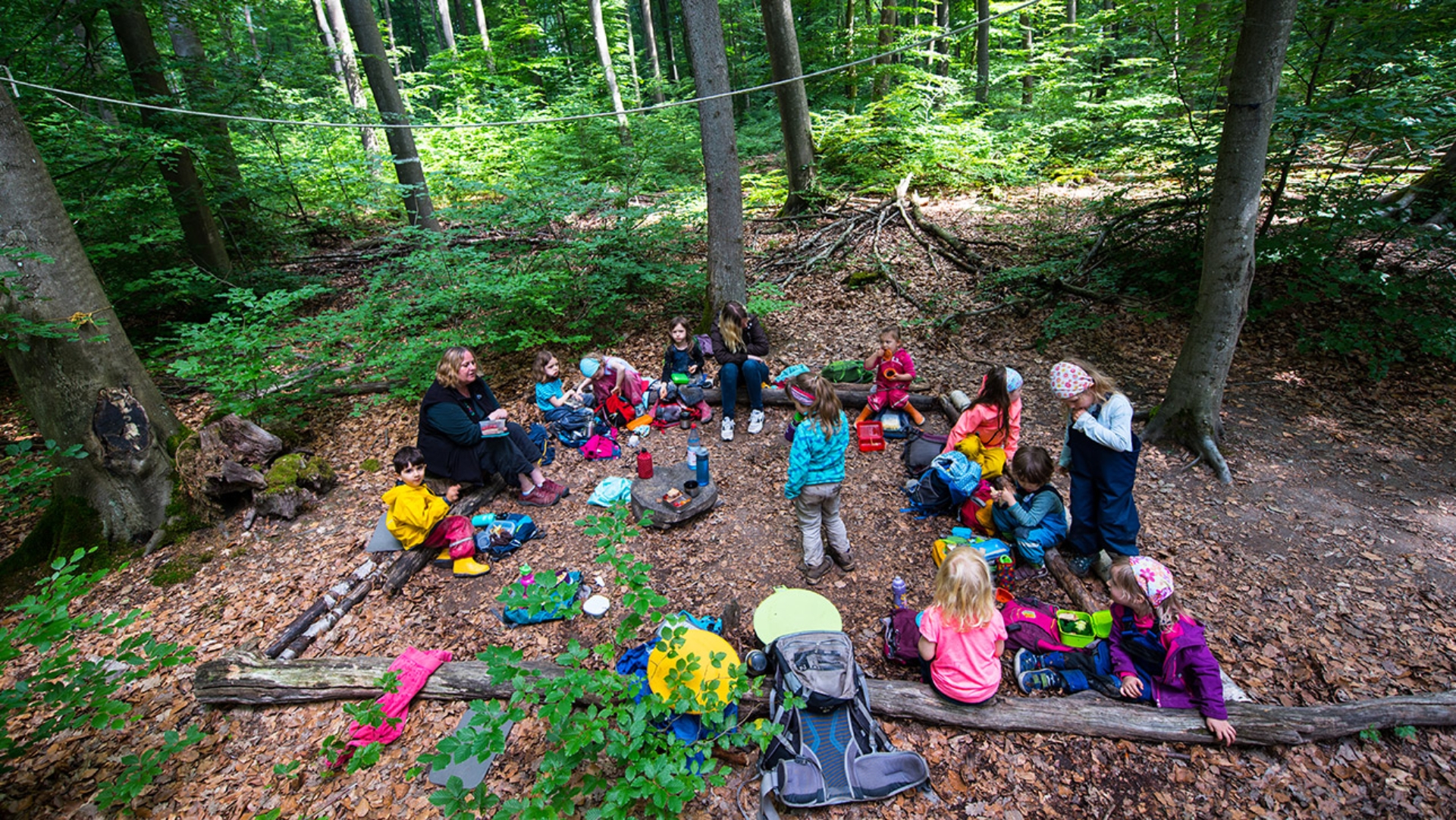 Kinder sitzen mit ihren Betreuern auf dem Waldboden und auf Baumstämmen und Pausenplatz und essen.