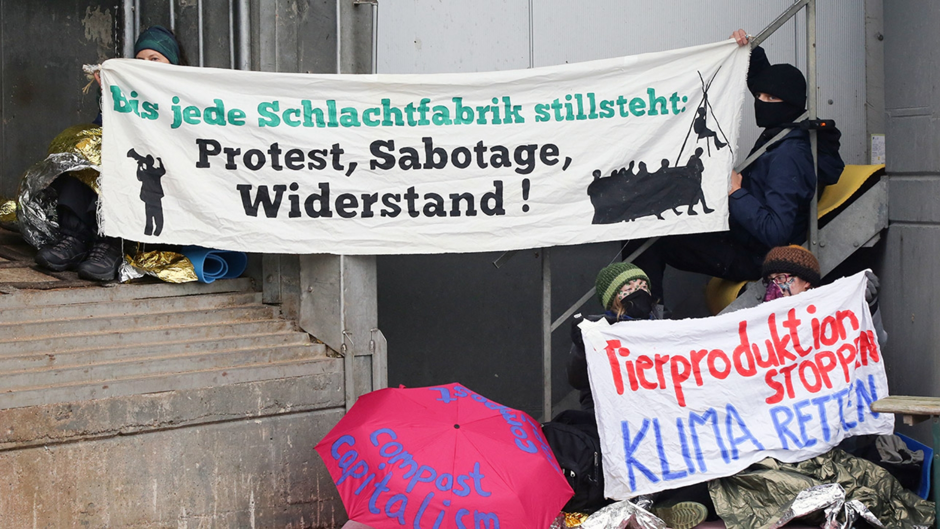 Aktivisten haben sich auf dem Schlachthof Thomson an einer Verladerampe angekettet und halten Transparente mit der Aufschrift "Bis jede Schlachtfabrik stillsteht: Protest Sabotage, Widerstand" und "Tierproduktion stoppen - Klima retten". 