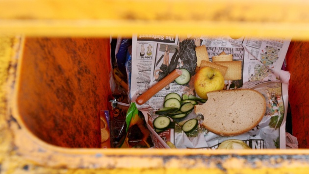 Lebensmittel, wie Brot Würstchen und Gemüse, liegen in einer Mülltonne.