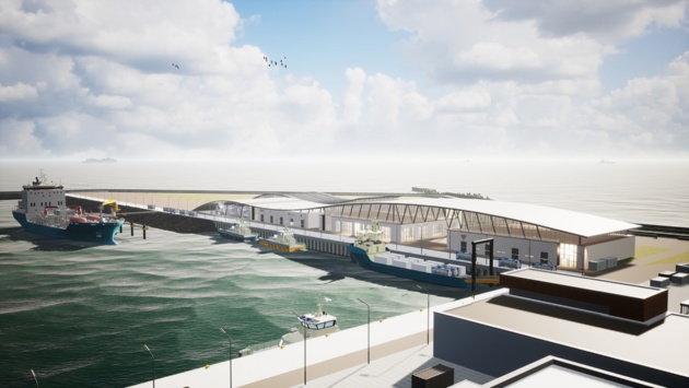 Die undatierte Visualisierung zeigt Gebäude für die Produktion von grünem Wasserstoff  auf der Nordseeinsel Helgoland.
