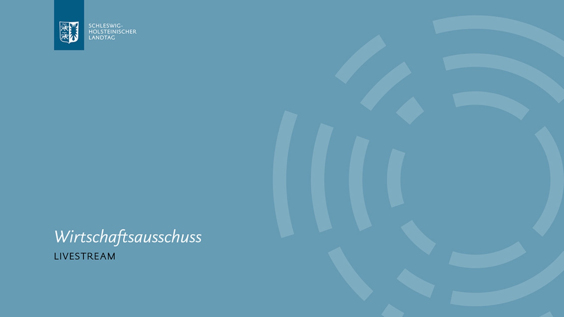 Eine Folie mit taubenblauem Hintergrund mit dem Hinweis auf den Livestream des Wirtschaftsausschusses.