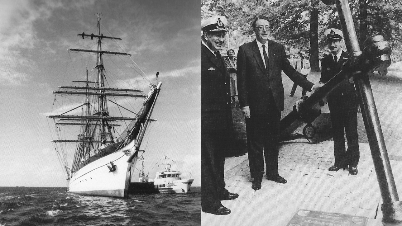 Links: Ein einmaliger Anblick: Die „Gorch Fock“ 1985 als Großsegler im flachen Wattenmeer zwischen den Inseln Amrum und Föhr. Ein Ausflugsdampfer aus Wyk/Föhr hat gerade Besucher an Bord gebracht. Rechts: Vizeadmiral Dieter Wellershoff und „Gorch Fock“-Kommandant Nickels Peter Hinrichsen geben den alten Stockanker der „Gorch Fock“ in die Obhut des Landtages. Er steht heute vor der Nordseite des Landeshauses.