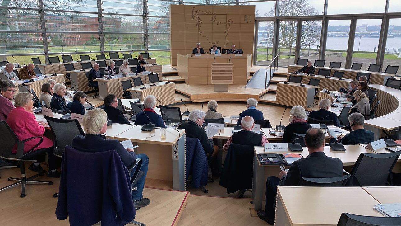 Die Teilnehmerinnen und Teilnehmer des Altenparlaments sitzen im Plenarsaal des Kieler Landeshauses.