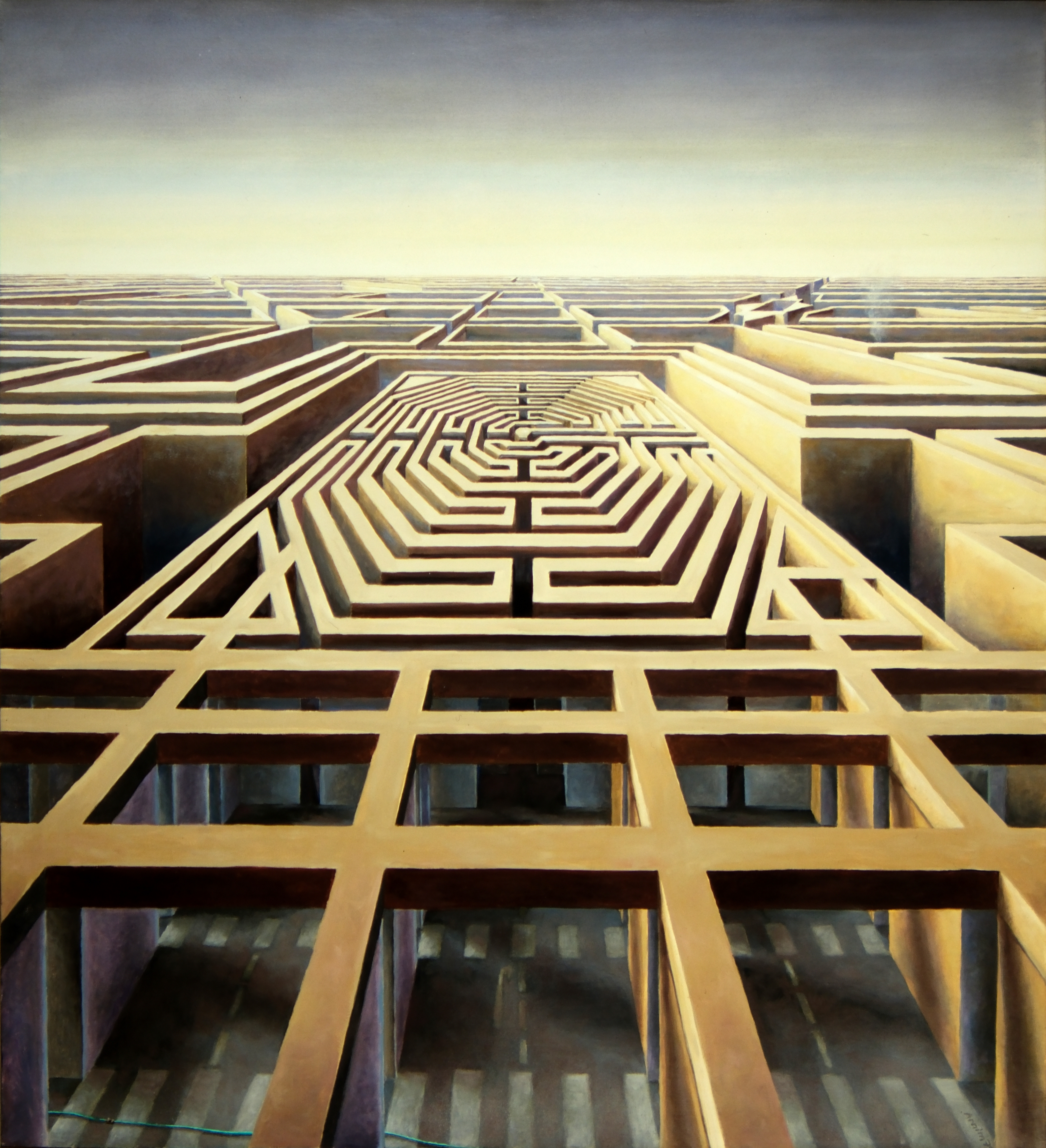 Ein Labyrinth von oben, das sich vom Bildanfang bis zu Horizont erstreckt. 