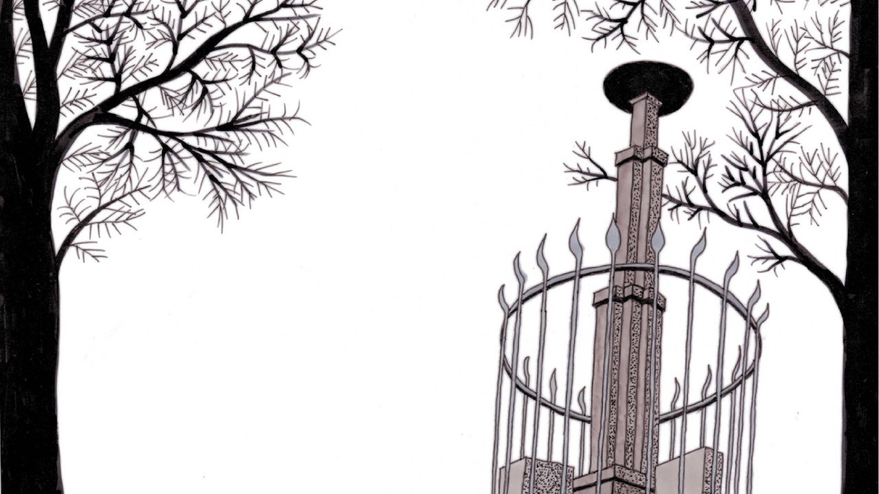 Veranstaltung Gedenkfeier Opfer des Nationalsozialismus 2026 © Ansicht des Mahnmals Itzehoe, Zeichnung, Copyright Sophie-Scholl-Gymnasium Das Mahnmahl in Itzehoe in schwarz-weiß Zeichnung zwischen zwei Bäumen