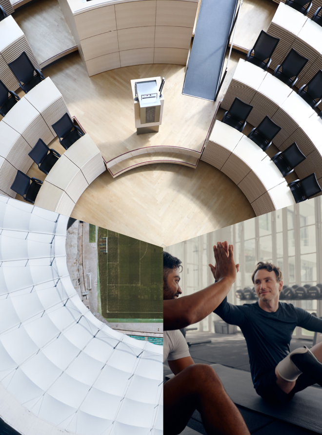 Ein dreigeteiltes Bild, das oben den Plenarsaal von oben mit dem redepult in der Mitte zeigt. unten links ein Stdion in der Vogelperspektive und unten rechts zwei Personen, die beim Training abklatschen.