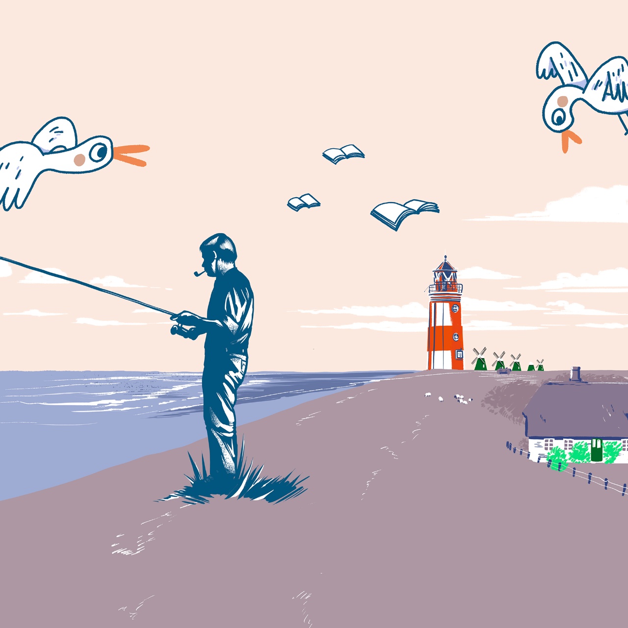 gezeichneter Siegfried Lenz angelt vor Leuchtturm neben Bauernhaus mit Möwe