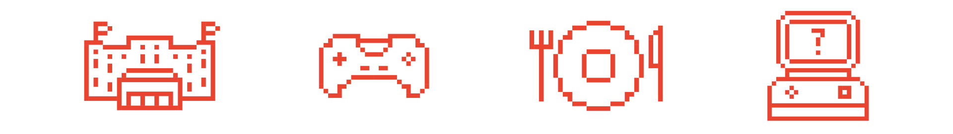 Icons im Arcade Stil aus pixeln mit Landeshaus, Teller und Quiz