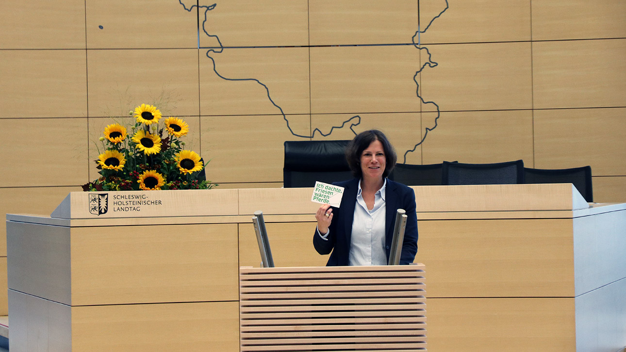 Landtagspräsidentin Kristina Herbst eröffnet die Ausstellung mit einer Begrüßung im Plenarsaal.