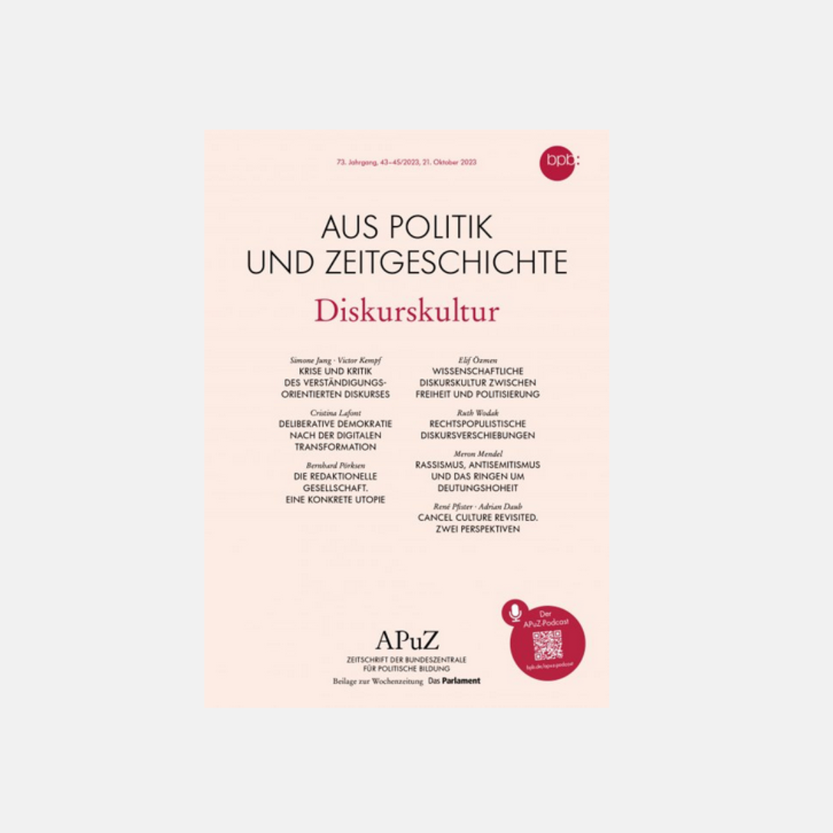 Deckbaltt der APuZ über Diskurskultur, auf rosa Hintergrund werden alle Artikel aufgelistet