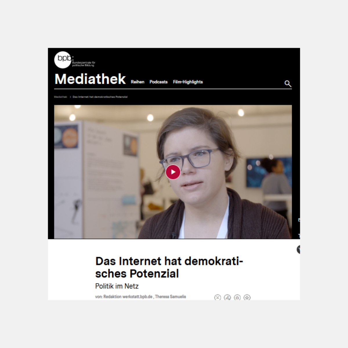 Das Startbild des verlinkten Videos ist abgebildet, eine braunhaarige Frau ist zu sehen