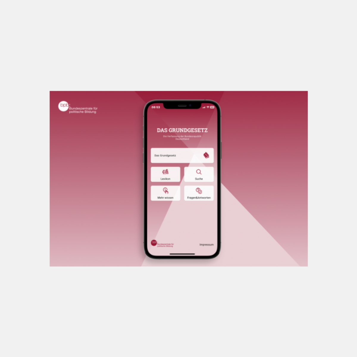 Der Startbildschirm der App ist auf einem Smartphone abgebildet, der Hintergrund ist in verschiedenen gedeckten Pink bis Flieder Tönen gehalten