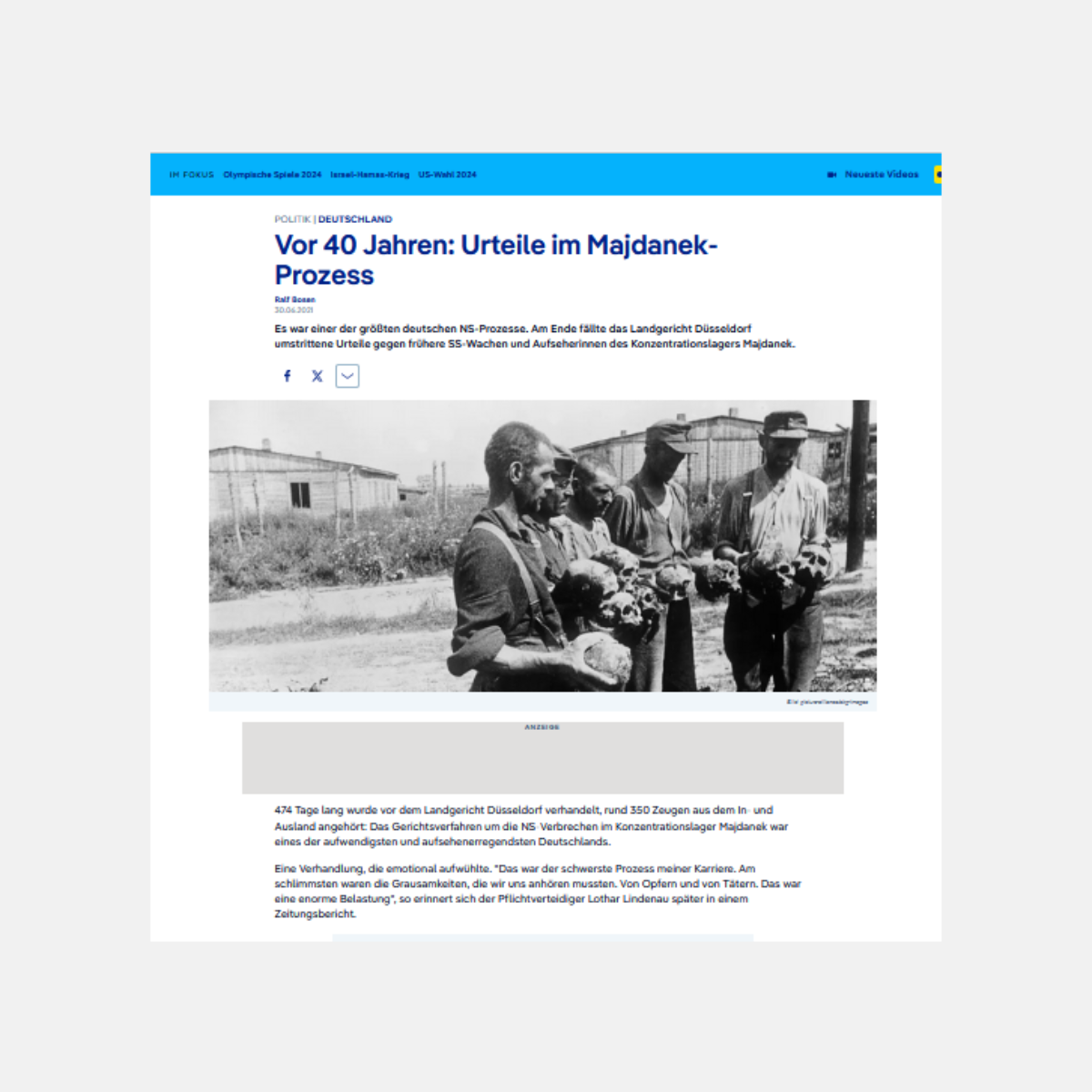 Screenshot des verlinkten Artikels, es ist ein Bild zu sehen auf dem mehere Männner Schädel in den Händen halten