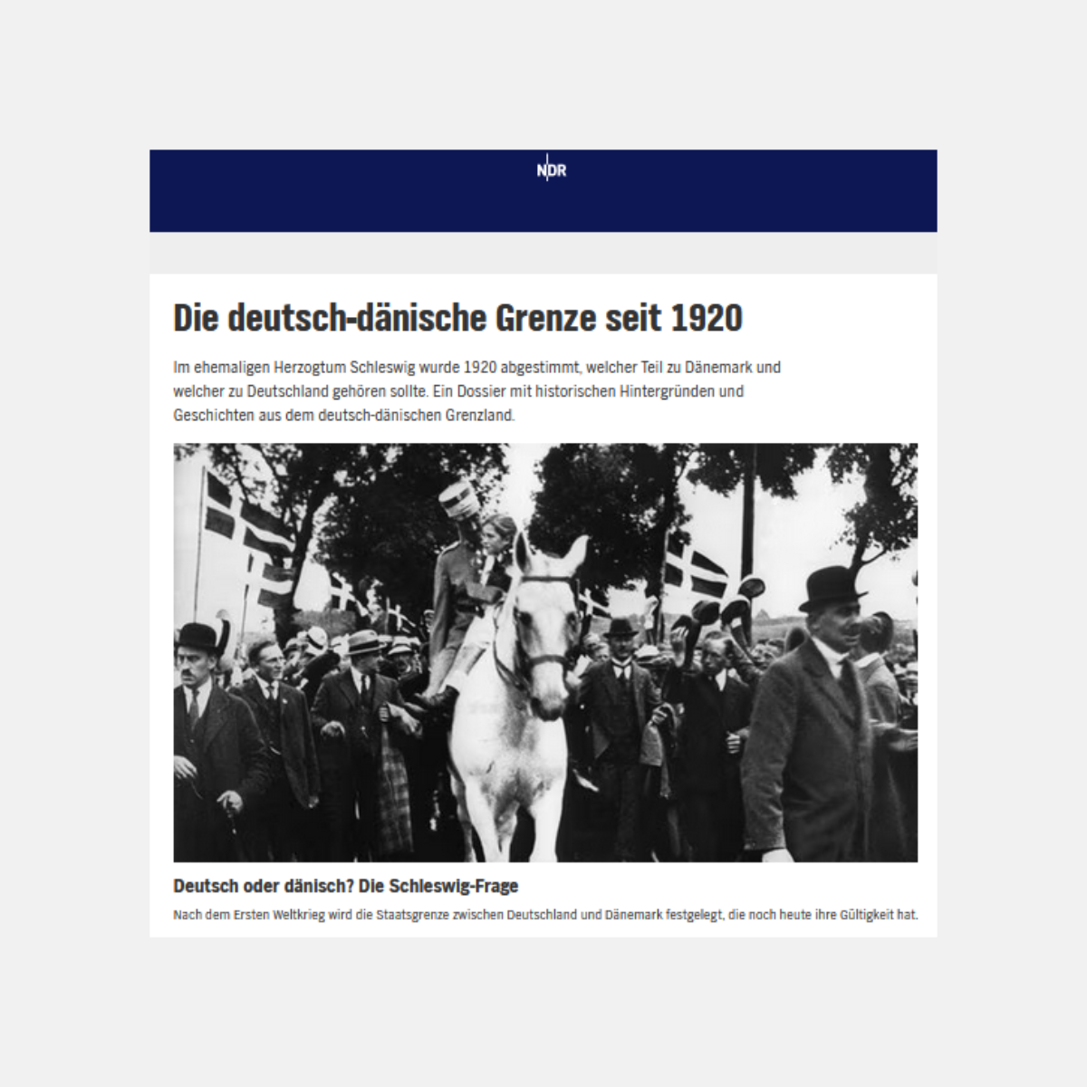 Der verlinkte Artikel ist abgebildet, auf einem Foto ist der Einzug des Dänischen Königs in Nordschleswig zu sehen, er reitet auf einem weißen Pferd und um ihn herum ist eine große Menschenmenge