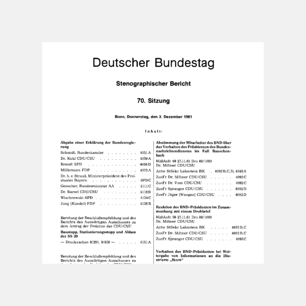 das Plenarprotokoll ist abegebildet, es ist der Anafang des Inhaltsverzeichnisses zu erkennen