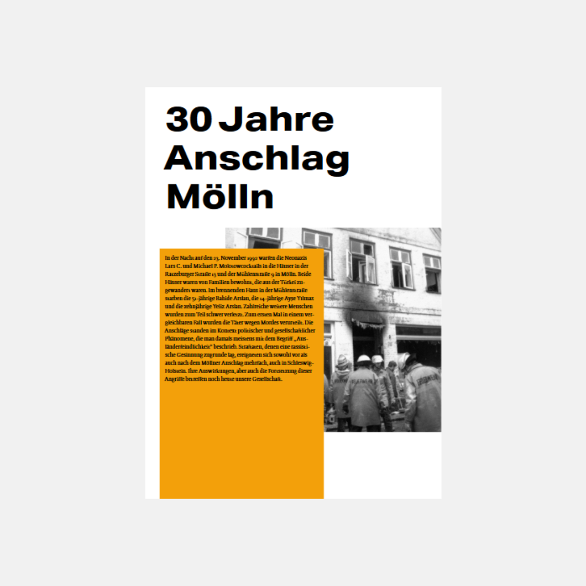 Foto des Brandschadens am Gebäude, sowie einen orangefarbenen Infokasten und den Titel der Broschüre