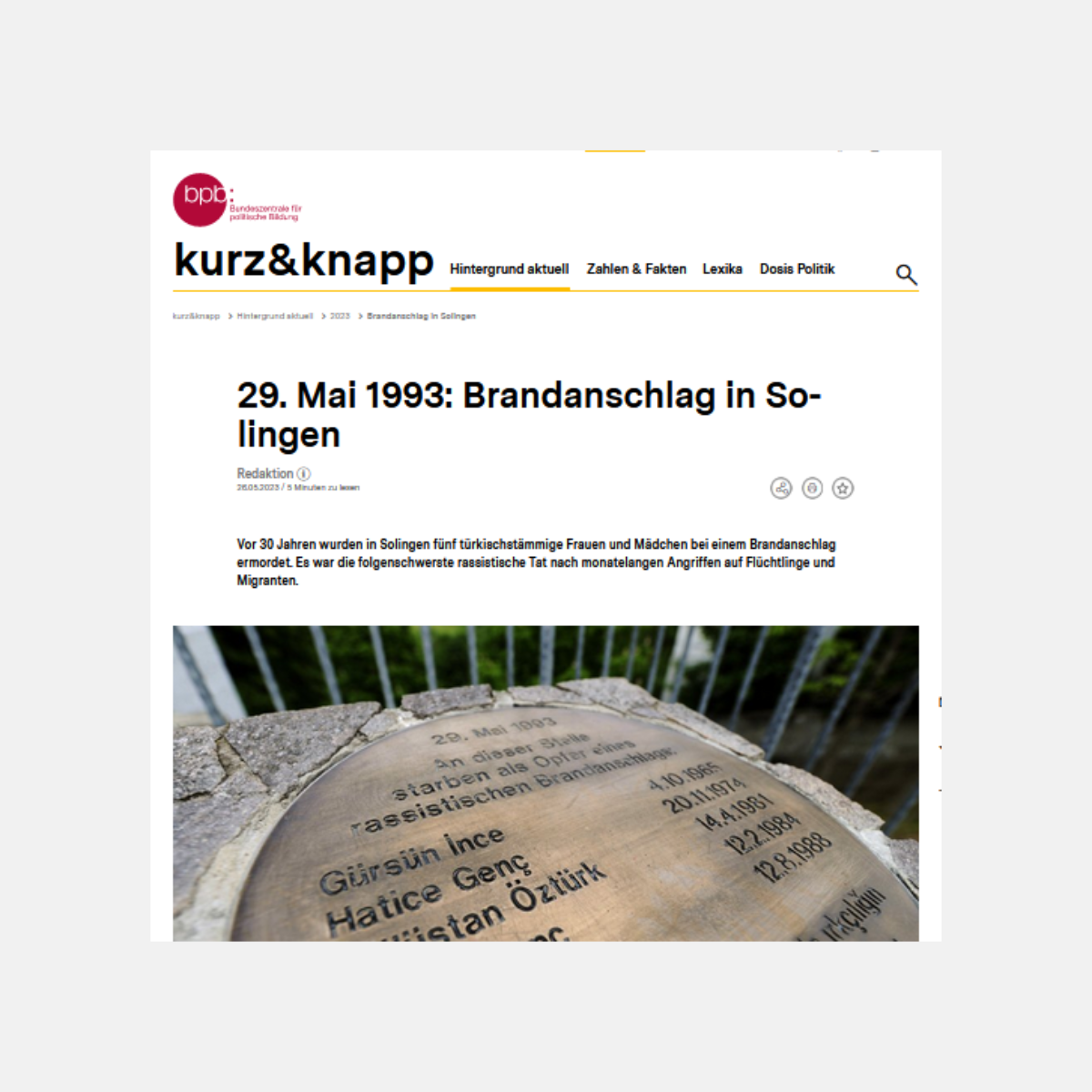 Gedenkstein von den Opfern des Brandanschlags